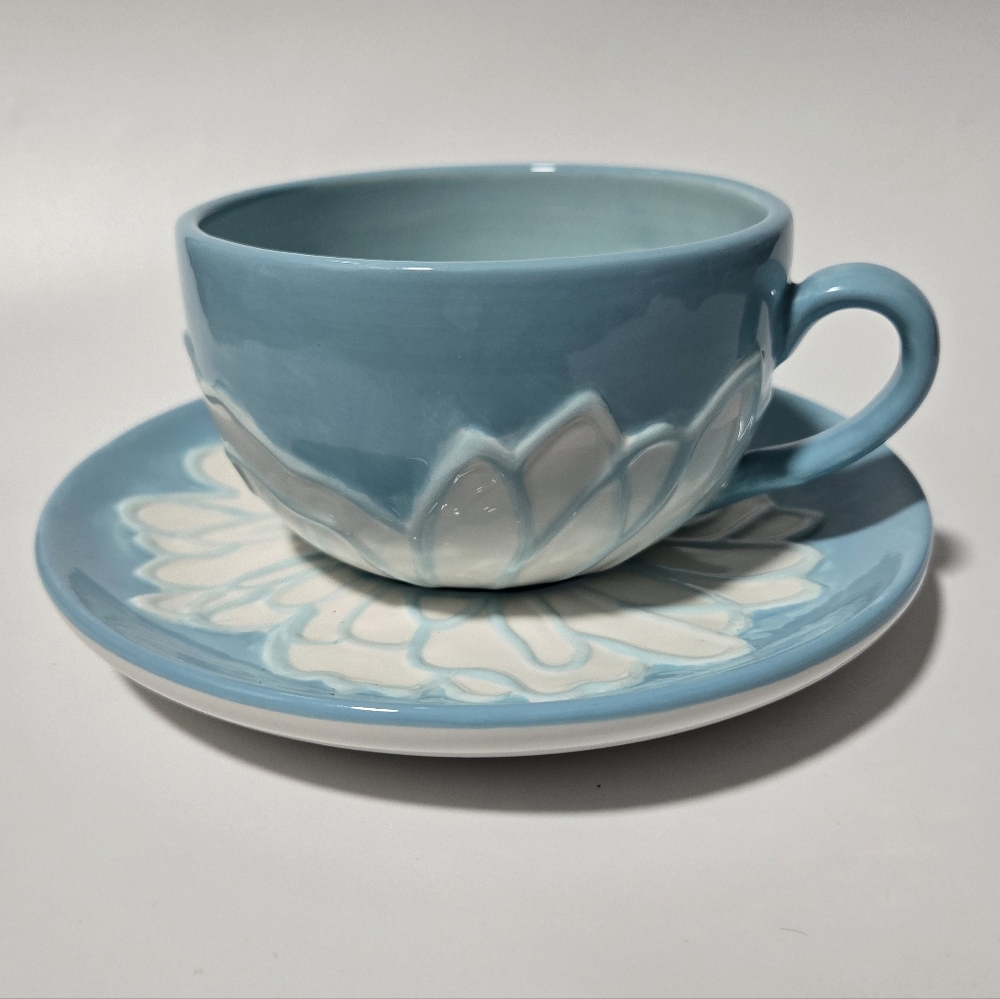 Department 56 Light Blue White Flower Teacup And Saucer Set Lotus Dining Mug